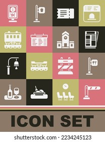 Set Railway barrier, Cafe and restaurant location, News, Train ticket, station board, Passenger train cars, Information stand and  icon. Vector