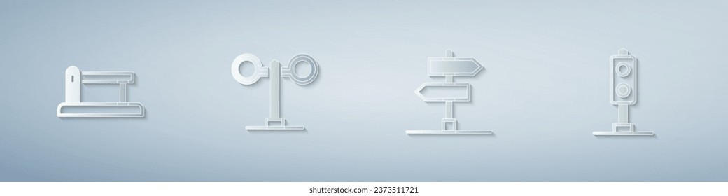 Set Railway barrier, Train traffic light, Road sign and . Paper art style. Vector