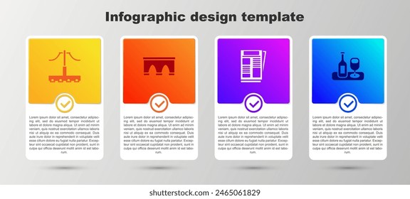 Set Railway, Bridge for train, News and Wine bottle with glass. Business infographic template. Vector