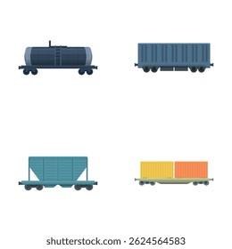 Set of railway cargo wagons for transportation. Vector isolated freight rail cars and goods transport flat design