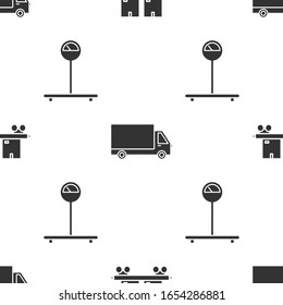 Set Railway carriage , Delivery cargo truck vehicle  and Scale  on seamless pattern. Vector