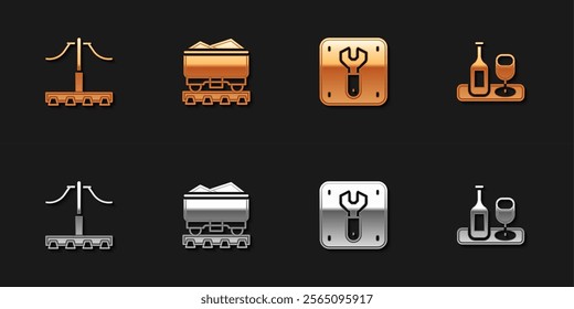 Set Railway, Coal train wagon, Repair of railway and Wine bottle with glass icon. Vector