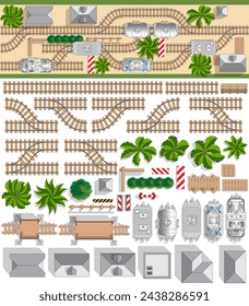 Set of railway. Set for creating a game. View from above. Isolated on white background. Vector illustration.