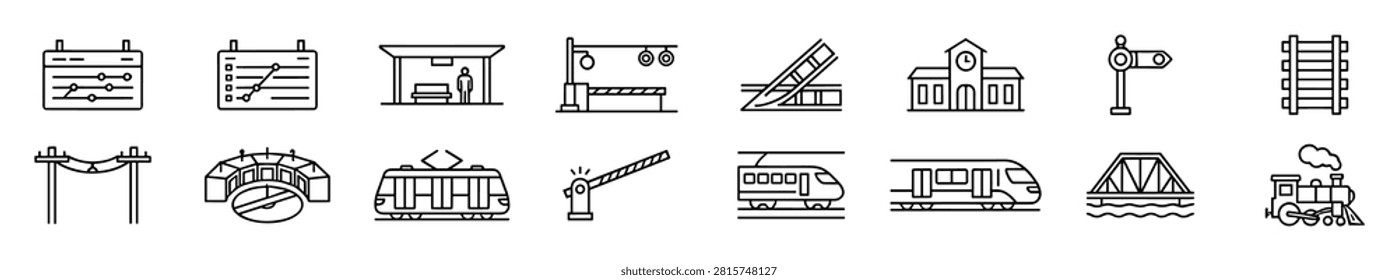 Set of railway icons including train station, railroad crossing, train cars, signals, bridge, power lines, and train tracks on transparent background