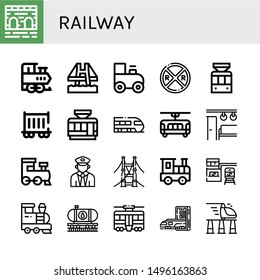 Set of railway icons such as Bridge, Train, Toy train, Railroad crossing, Tramway, Railway carriage, Tram, Electric train, Railroad, station, Oil Subway , railway