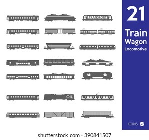 Set of Railway Iron Ore, Coal, Wood, Goods, Oil, passenger, wagons icons