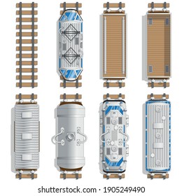 A set of railway locomotive and wagons. View from above. Isolated on white background. Vector illustration.