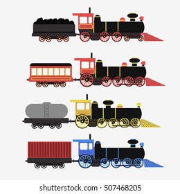 Set of railway locomotives. Flat vector illustration.