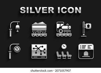 Set Railway map, Cafe and restaurant location, Ticket office to buy tickets, Waiting room, Train station clock, Vintage locomotive, bell and Coal train wagon icon. Vector