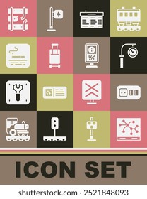 Set Railway map, Electrical outlet, Train station clock, board, Suitcase, Smoking area, Broken rails railway and Information stand icon. Vector