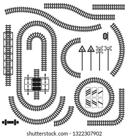 Set of railway parts and road signs. Vector illustration.