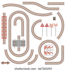 Set of railway parts and road signs. Vector illustration.