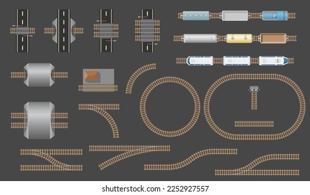 Satz von Eisenbahnteilen und Zügen Draufsicht für Stadtplan. Gleisspursatz Stadtverkehr. Vektorgrafik der Eisenbahnstrecke: Bahnhof, Elektro- und Güterzug, Wagen, Lokomotive von oben