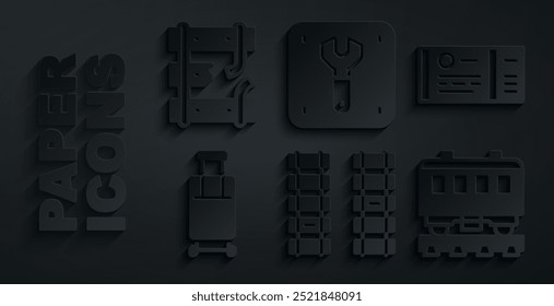 Conjunto de ferrocarril, pista de ferrocarril, billete de tren, maleta, vagones de pasajeros, reparación de ferrocarril y rieles rotos en el ícono. Vector