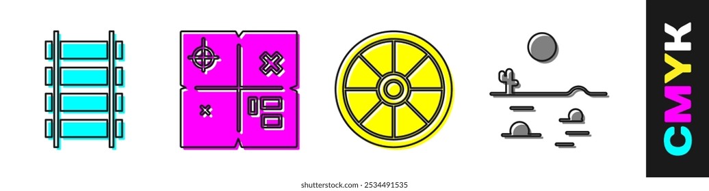 Conjunto de ferrocarril, pista de ferrocarril, mapa del tesoro, rueda de madera vieja y paisaje del desierto con el icono del cactus. Vector