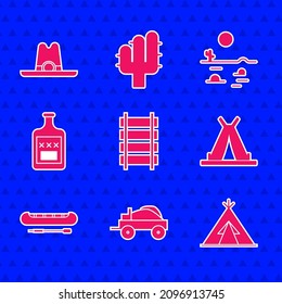 Set Railway, railroad track, Wild west covered wagon, Indian teepee or wigwam, Kayak canoe and paddle, Whiskey bottle, Desert landscape with cactus and Western cowboy hat icon. Vector
