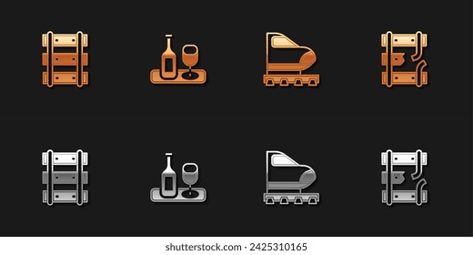 Set Railway, railroad track, Wine bottle with glass, High-speed train and Broken rails on railway icon. Vector