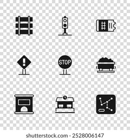 Conjunto Estación de ferrocarril, vagón de carbón, mapa, señal de parada, billete de tren, ferrocarril, pista de ferrocarril, semáforo e ícono cuadrado de signo de exclamación. Vector