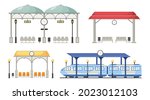 Set of Railway Station Platform Building with Plastic Seats, Train and Digital Watch Display and Hanging Clock with Street Lamps Isolated on White Background. Cartoon Vector Illustration, Icons