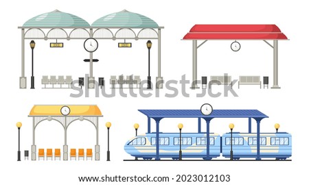 Set of Railway Station Platform Building with Plastic Seats, Train and Digital Watch Display and Hanging Clock with Street Lamps Isolated on White Background. Cartoon Vector Illustration, Icons