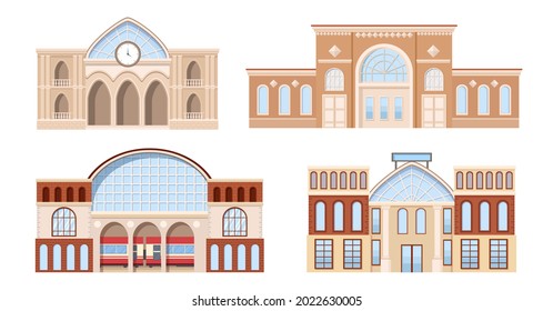 Set Of Railway Stations Building Facade Modern Design With Train On Platform, Digital Schedule Display On Roof And Clock, Exterior Isolated On White Background. Cartoon Vector Illustration, Icons