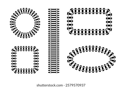 Set of railway tracks in straight, circular, rectangular, and oval shapes, symbolizing transport and routes