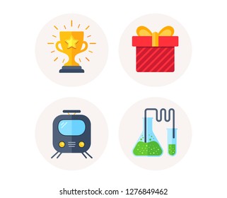 Set of Railway transport, Gift box and Winner cup icons. Chemistry sign. Subway transportation, Birthday present, Trophy award. Laboratory tubes. Colorful icons in round buttons. Vector