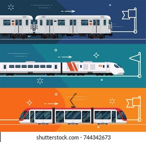 Set of railway transport horizontal banner templates with subway train, express high speed train and city urban area modern tram Set of railway transport horizontal banner templates with subway train, express high speed train and city urban area modern tram