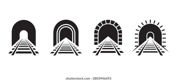 Set of Railway Tunnel Icons Featuring Train Tracks Leading Into Dark Underground Passages Vector.