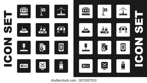 Set Railway, Wine bottle with glass, Plate food, Restaurant train, Road barrier, Cafe and restaurant location, Buy ticket online and Train traffic light icon. Vector