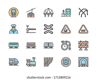 Set of Railways Flat Color Line Icons. Funicular, Subway, Locomotive and more