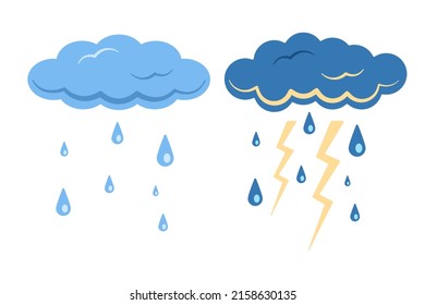 set rain clouds with lightning flat cartoon style isolated white background