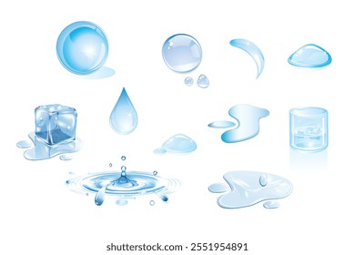 Set of rain drops isolated on transparent background. Vector blue bubbles, water elements or dew pattern, water cup, water drops
