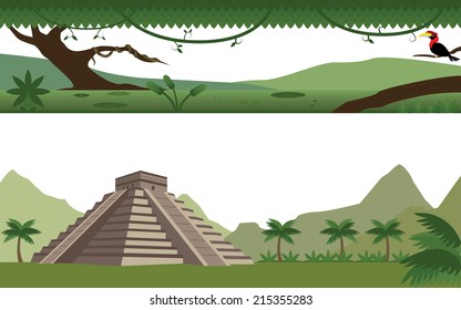 Set of Rain Forest  River and Aztec Pyramid Landscape