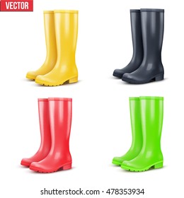 Set Of Rain Rubber Boots. Symbol Of Garden Work Or Autumn And Weather. Vector Illustration Isolated On White Background.