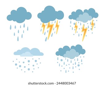 Set of rain and snowy clouds with thunder icons vector illustration isolated on white background