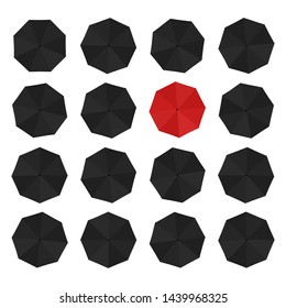 Set of rain umbrellas on white background. Concept of leader. Vector illustration