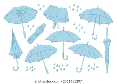 Set of rain umbrellas, open and closed umbrellas. Collection of seasonal accessories. Sketch, linear icons with color. Vector