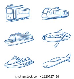 Set of rain and water vehicles, as tram, train, crusing ship, row boat, water scooter and submarine. Hand drawn line art cartoon vector illustration.