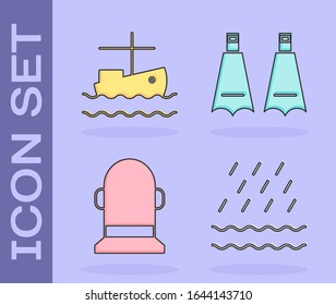 Set Rain and waves, Fishing boat on water, Buoy and Rubber flippers for swimming icon. Vector