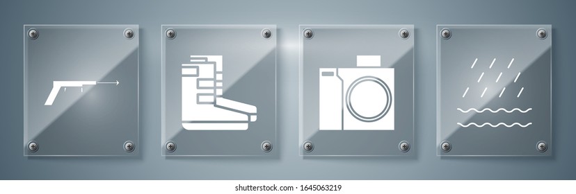 Set Rain and waves, Photo camera for diver, Boots and Fishing harpoon. Square glass panels. Vector