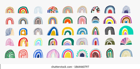 Set of rainbow abstract drawing. Modern hand drawn rainbows in minimalist scandinavian style. Kid sketch. Rainbow in different shapes. Colored contemporary art. Vector isolated on white background.