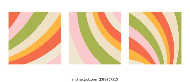 Set of rainbow backgrounds. Psychedelic design in 60-70s. Colored. Pattern in hippie design. Y2k style. White background. Groovy. Trippy