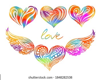 Set of rainbow beautiful hearts. Heart tattoo object. Valentine sign. Design element. Vector illustration.