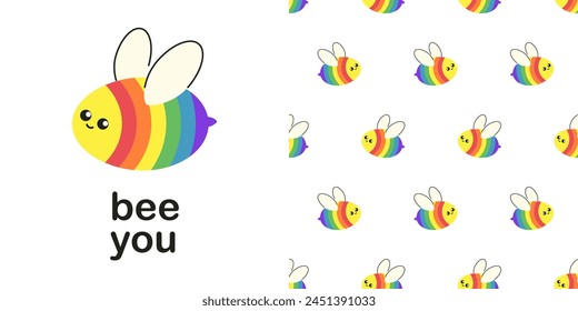 Conjunto de elemento de abeja arco iris y patrón sin costura hecho de abejas voladoras. Símbolo de la comunidad del Orgullo LGBTQ, eslogan positivo de amor libre Abeja. Ilustración vectorial plana aislada sobre fondo transparente