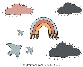 Set of rainbow with birds and clouds