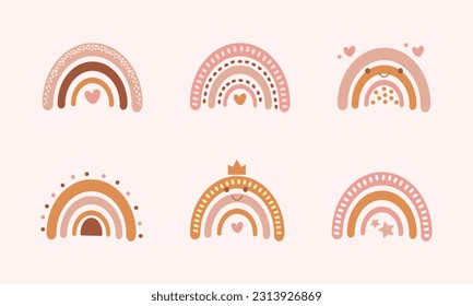 Set of rainbow in boho style in pastel colors. Hand drawn cartoon rainbow icons for kids posters, wrapping, textile, wallpaper, prints, fabric. Vector illustration elements