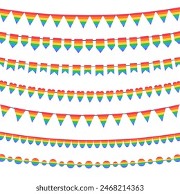 Set of rainbow bunting flags isolated on white background. Concept of LGBT celebration, pride month.