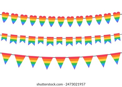 Set of rainbow bunting flags isolated on white background. Concept of LGBT celebration, pride month.