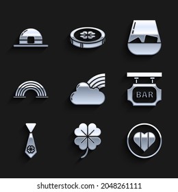 Set Rainbow With Cloud, Four Leaf Clover, Heart And Happy Saint Patrick Day, Street Signboard Inscription Bar, Tie Four, Glass Of Whiskey And Leprechaun Hat Icon. Vector